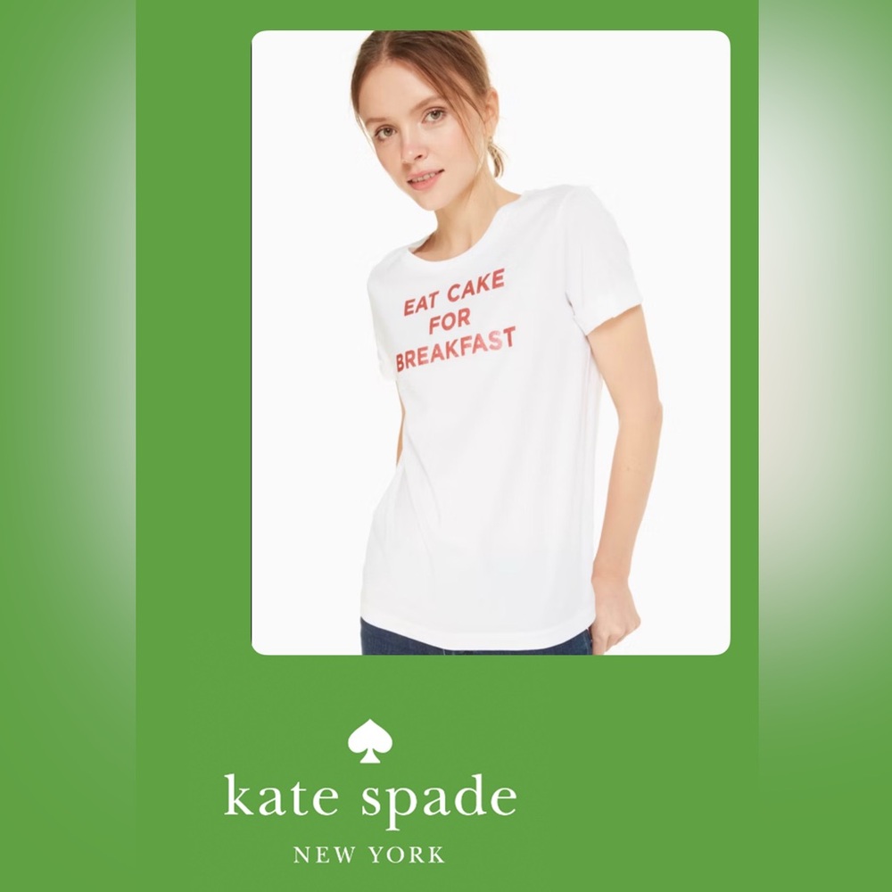 Kate Spade White Tee with Pink Graphic “Eat Cake for Breakfast”